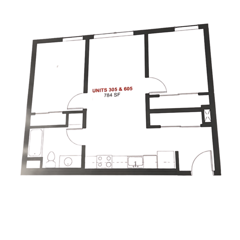 Floor plan for 2 beds, 1 bath, 784 sqft